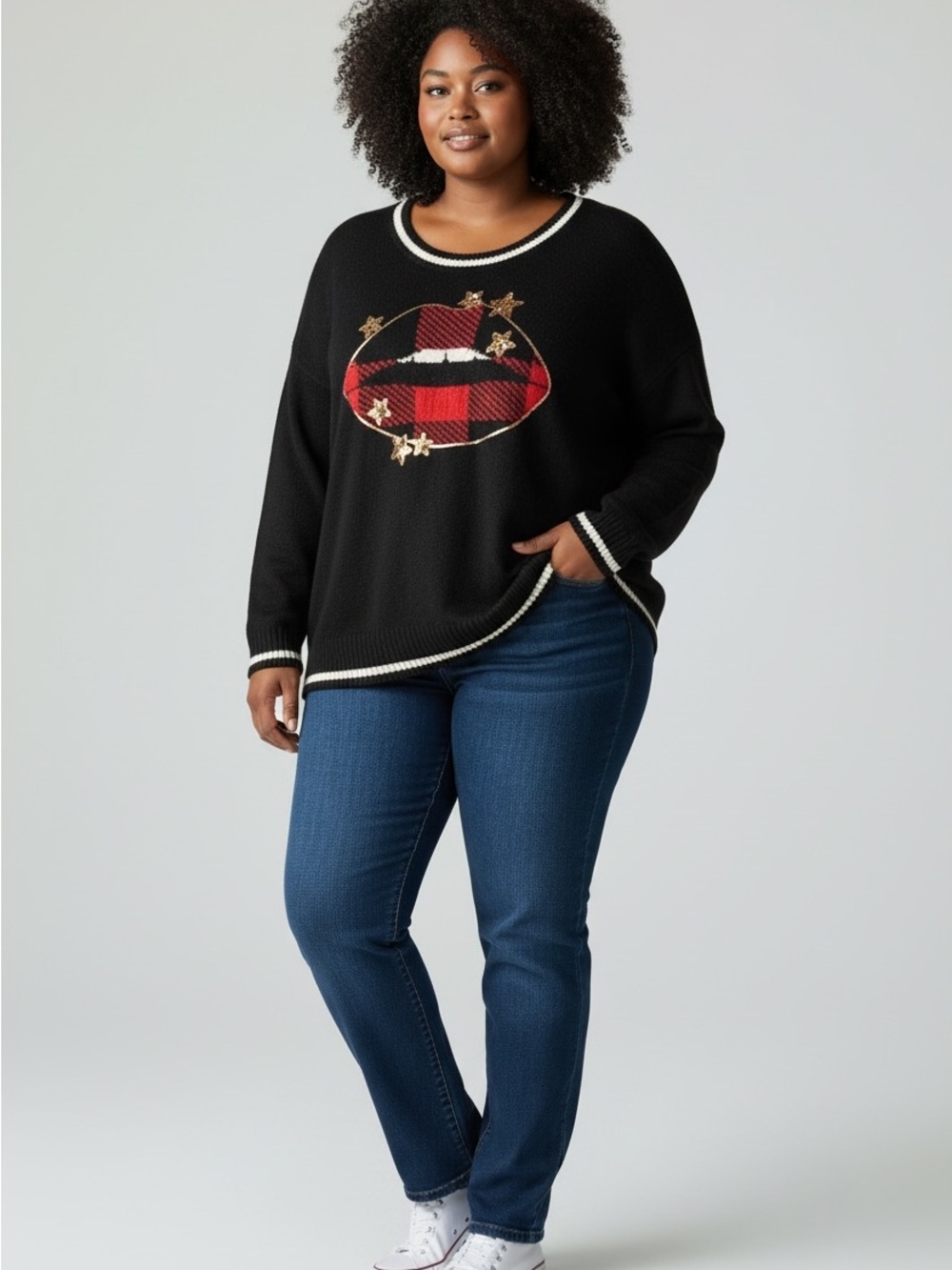 torrid Black Crewneck Sweater with Red Buffalo Plaid Lips & Gold Stars
